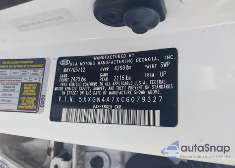 2012 Kia Optima Ex z USA, uszkodzony, nr VIN 5XXGN4A7XCG079327